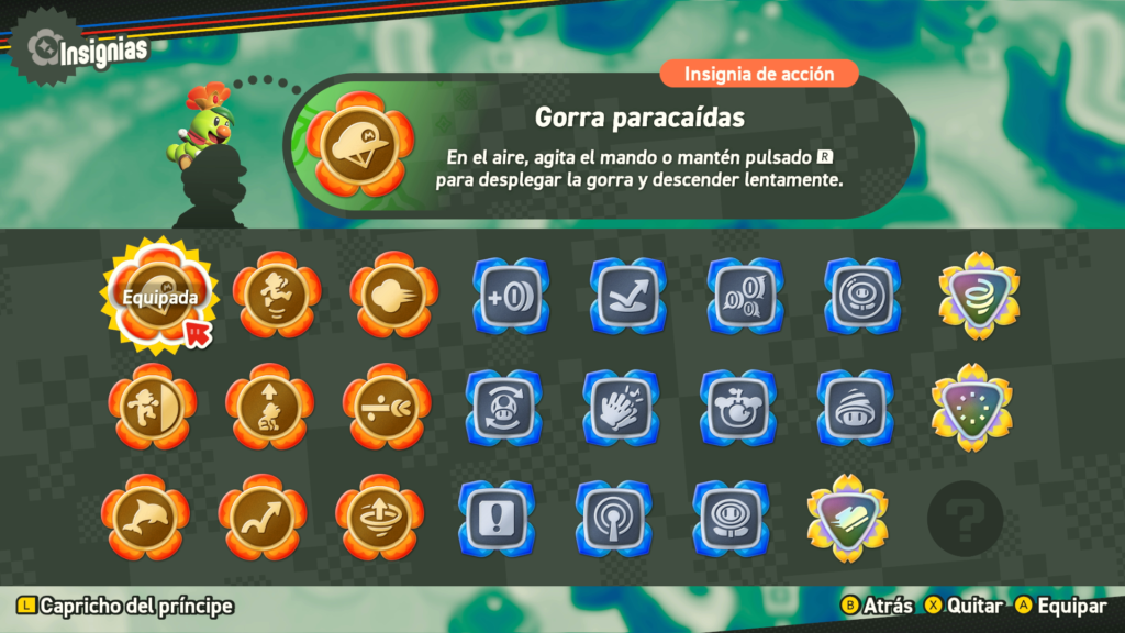 Menú de insignias en Super Mario Bros. Wonder en Nintendo Switch
